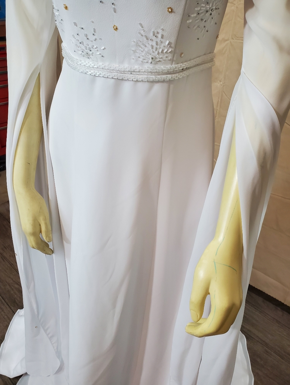 White Beaded Long-Sleeve Bridal Gown with Draped Sleeves - Picture 3 of 8